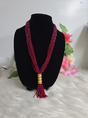 Multi-Strand Maroon Hydro Potey Tilhari Necklace with Gold Accent